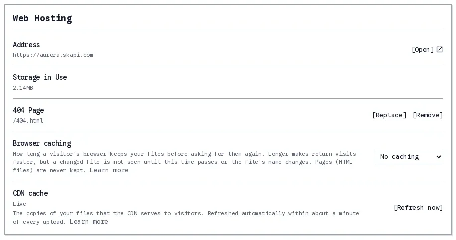 The Web Hosting card: the Address, Storage in Use and 404 Page rows, then the Browser caching row with a choice list reading No caching, and the CDN cache row reading Live with a Refresh now link