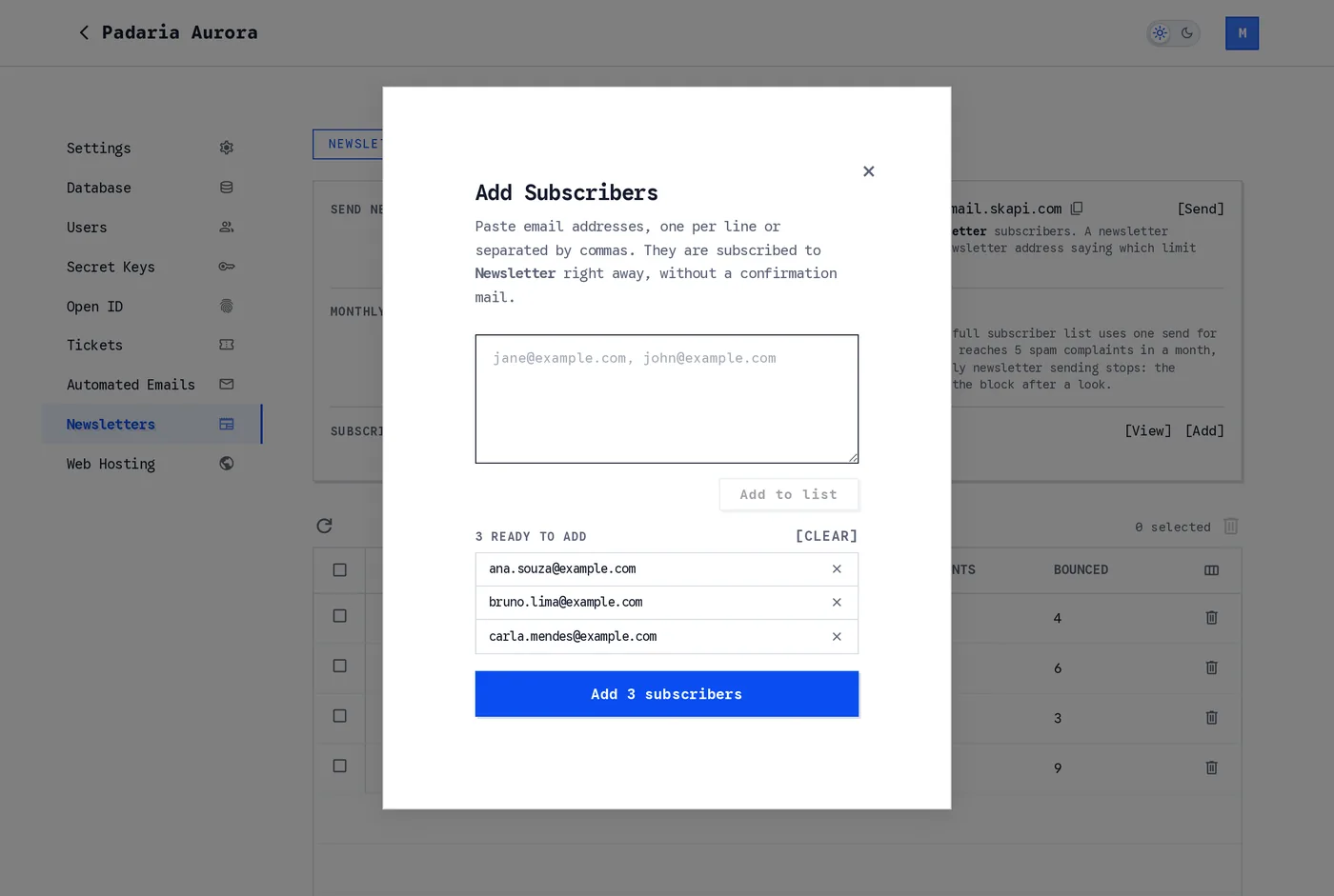 The Add Subscribers dialog with three pasted addresses staged and a button reading Add 3 subscribers