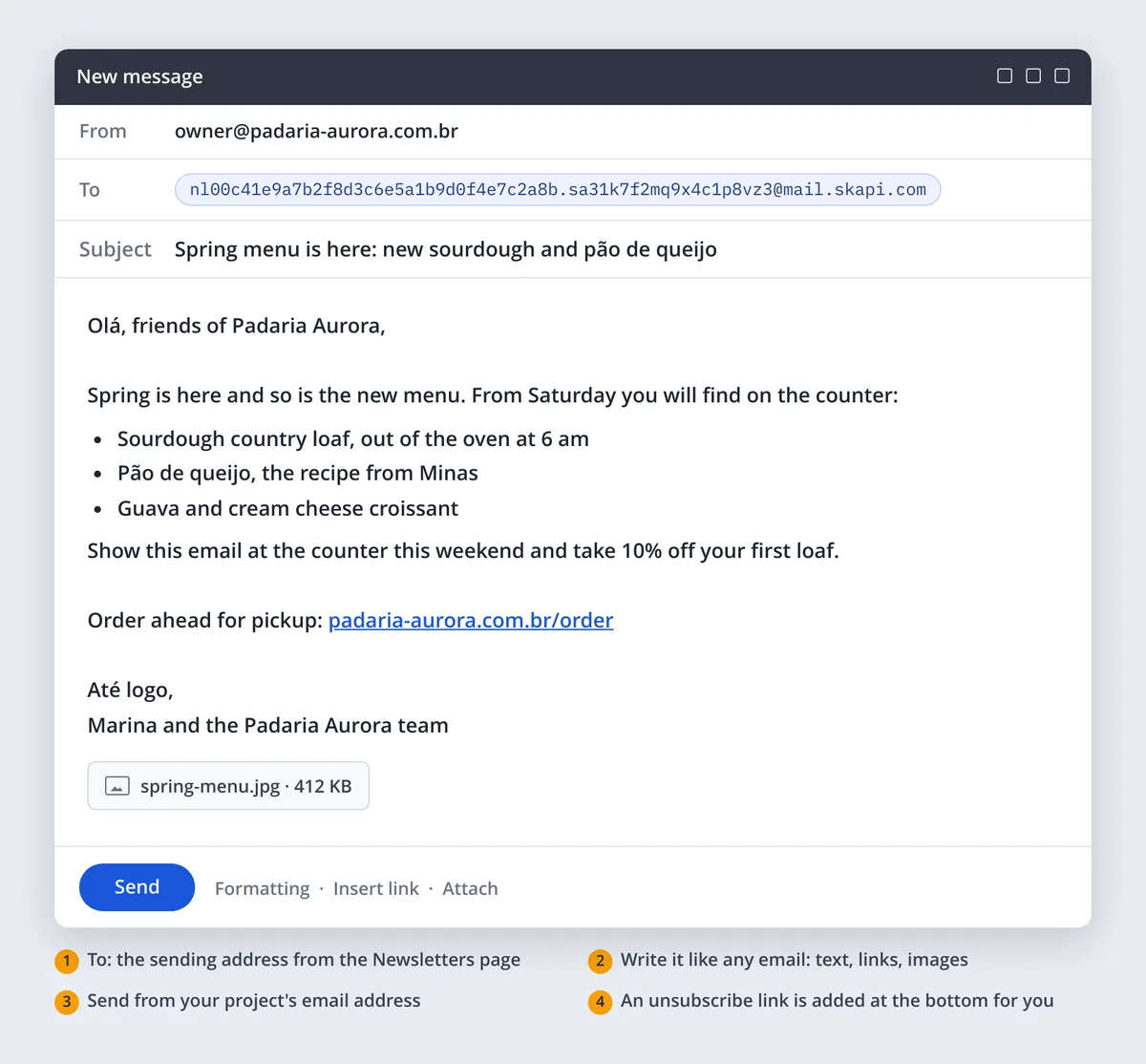 A mail compose window: From the project owner's address, To the newsletter sending address, a subject reading Spring menu is here, a short newsletter with a list of items, a link and an attached image, and a Send button