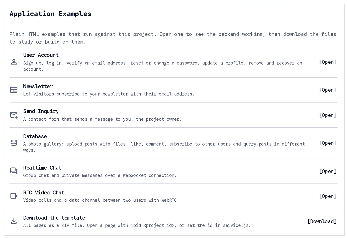 The Application Examples card on the Settings page, with a Newsletter row and an Open link