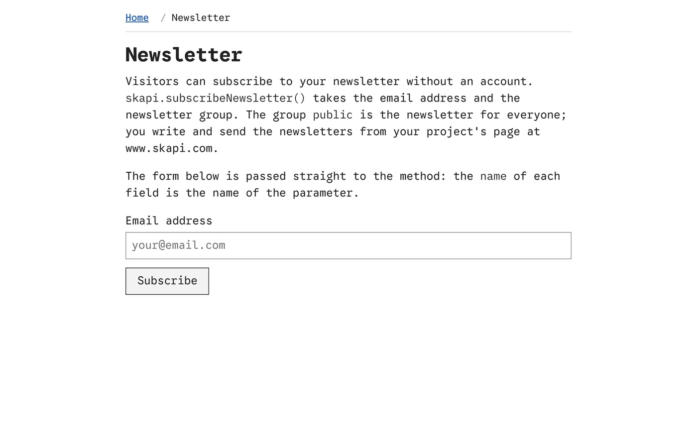 The example newsletter page: a short explanation, an email field and a Subscribe button