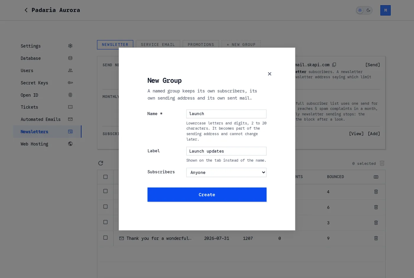 The New Group dialog with a name, a label and a Subscribers choice of Anyone, Any signed in user or Access group and above