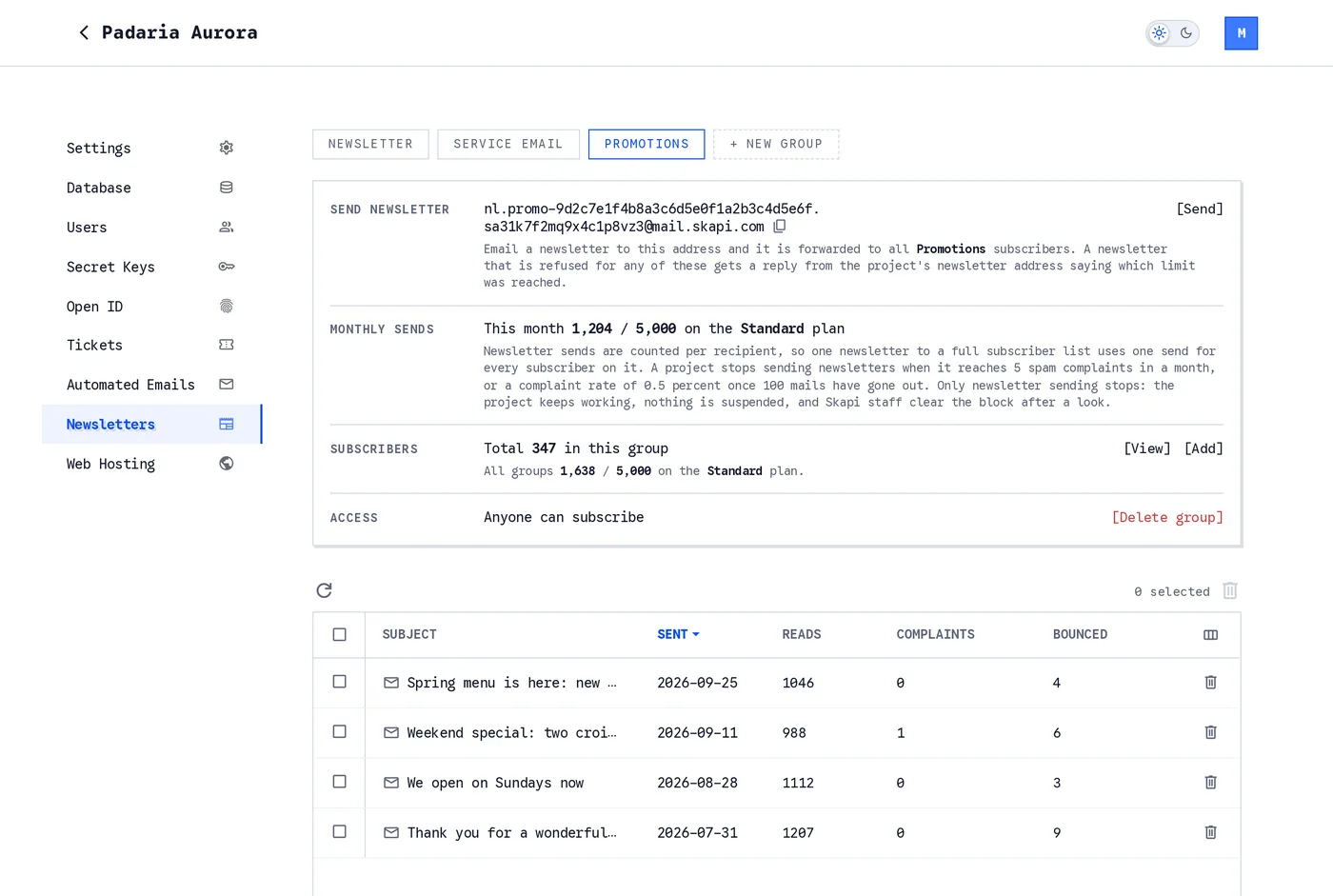The Promotions group tab showing its own sending address, its subscriber count, an Access row reading Anyone can subscribe, and a Delete group link