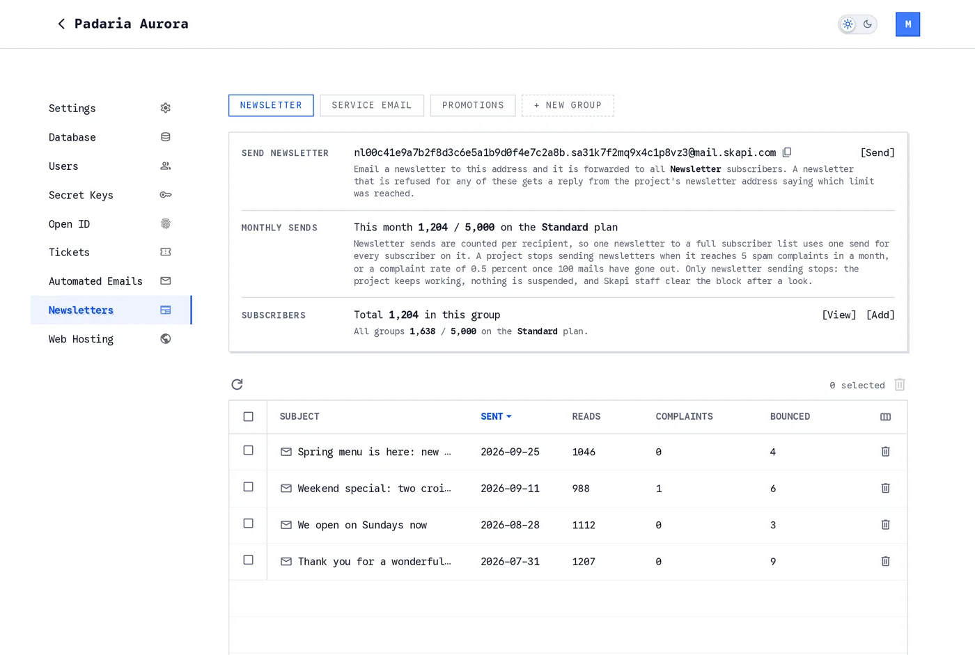 The Newsletters page of a Skapi project: tabs per list, the sending address, monthly sends, subscribers, and the table of sent newsletters