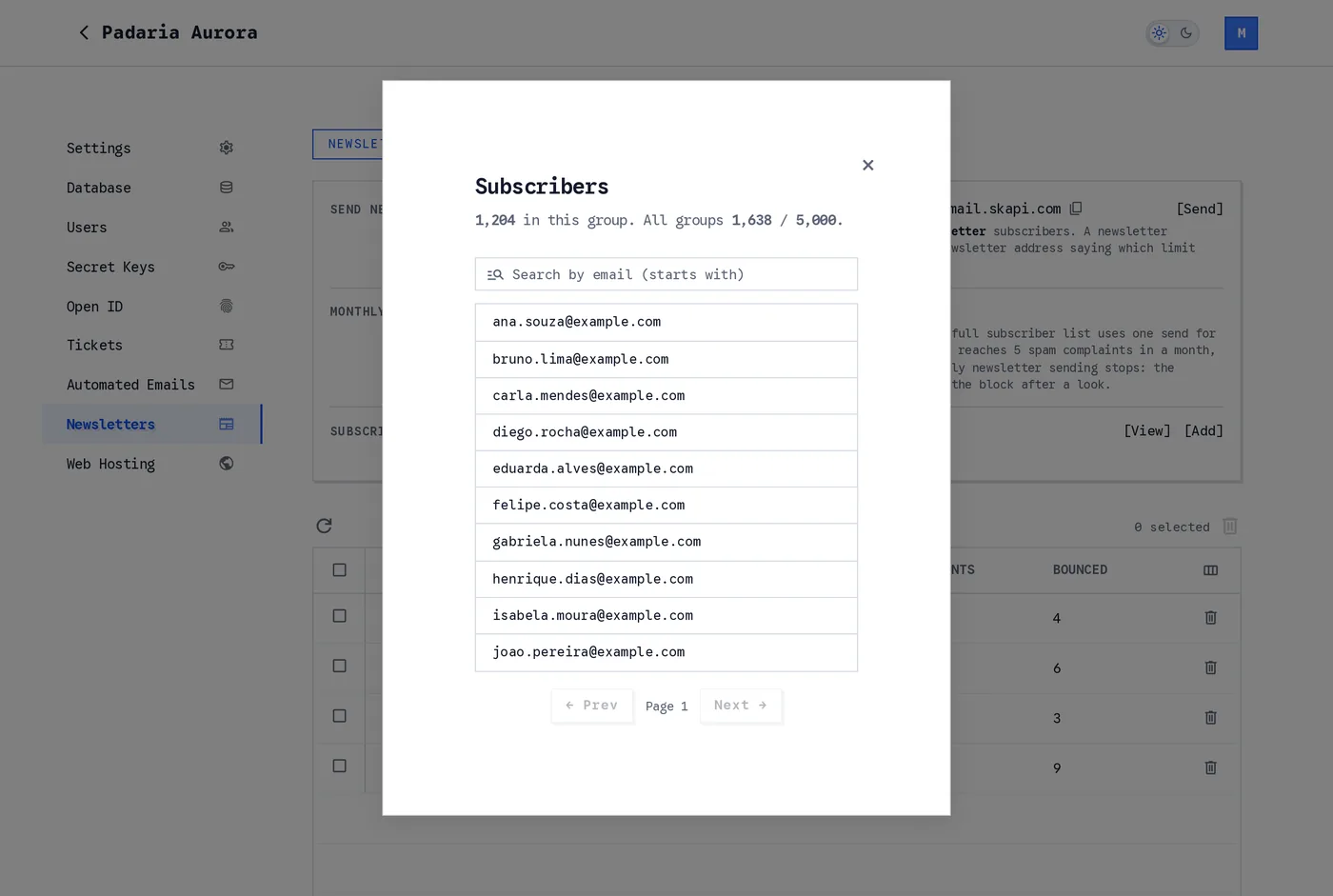 The Subscribers dialog listing addresses with a search box and paging
