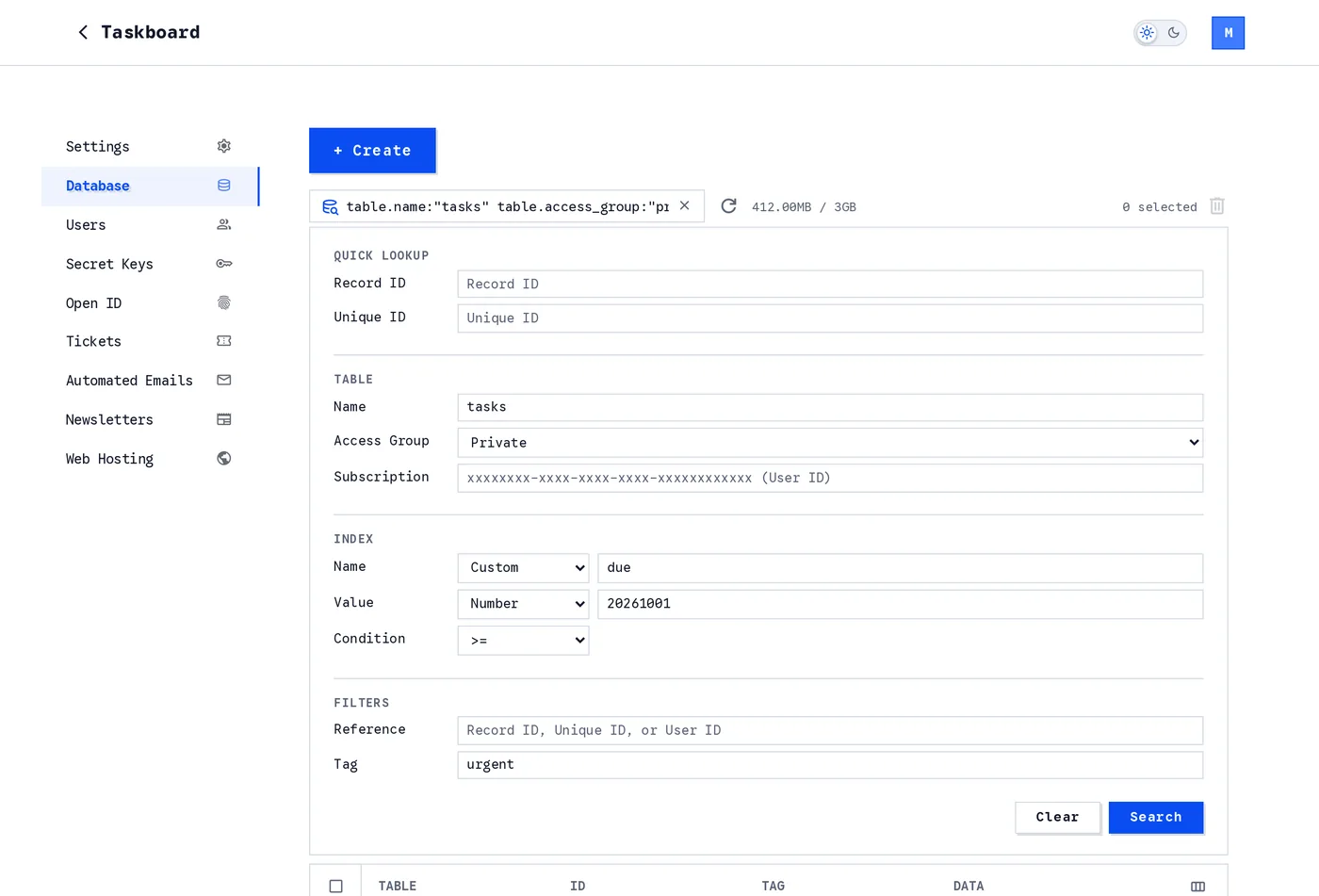 The advanced search panel: Quick Lookup by record ID or unique ID, a Table section with name, access group and subscription, an Index section with name, value and condition, and Filters for reference and tag, with the matching query written in the search bar above