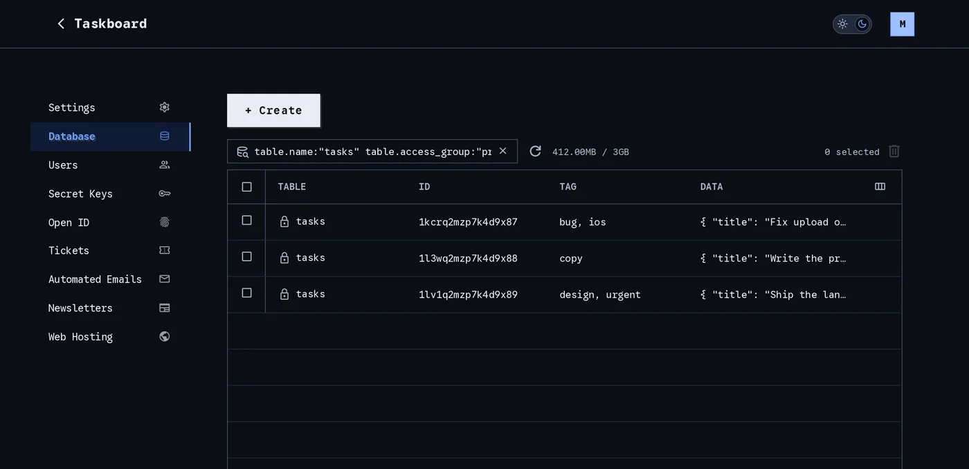 The same Database page in dark mode, with the advanced query written in the search bar and the tasks table listed below