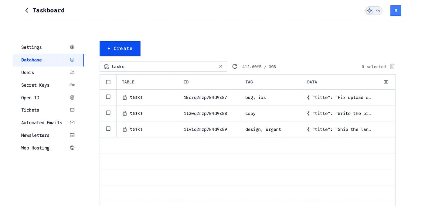 The Database page with tasks typed in the search bar and the list showing the three records of the tasks table, each with a lock icon, an ID, tags and its data