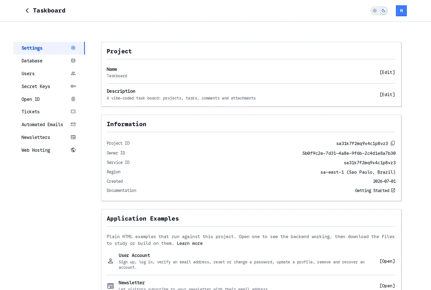 The Settings page of a project: the Project card with name and description, the Information card with Project ID, Owner ID, Service ID, Region, creation date and a documentation link, and the Application Examples card below