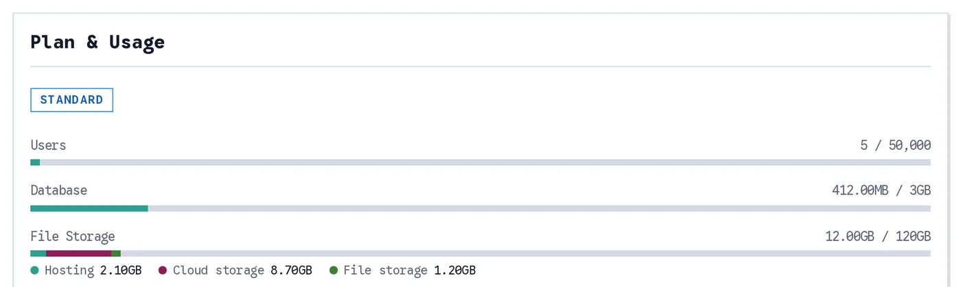 The Plan and Usage card: the Standard plan badge and usage bars for users, database and file storage, with file storage split into hosting, cloud storage and file storage