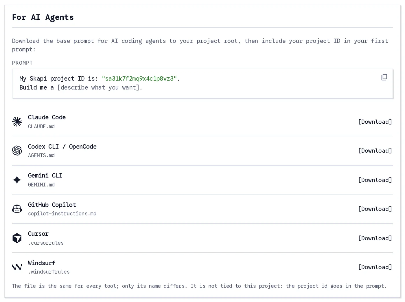 The For AI Agents card on a project's Settings page: the opening prompt with the project ID filled in, and a Download row per tool from Claude Code to Windsurf