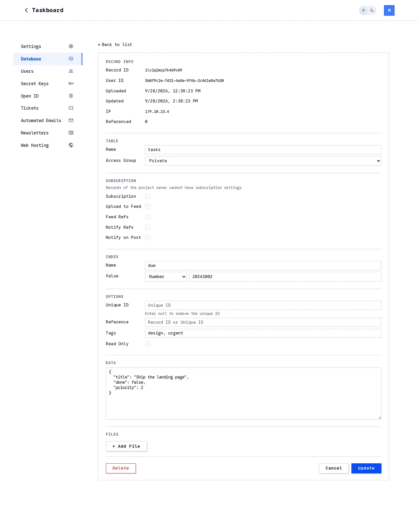 A single task record opened on the Database page: record info, table name and access group, subscription flags, the priority index, options, the JSON data and a Files section
