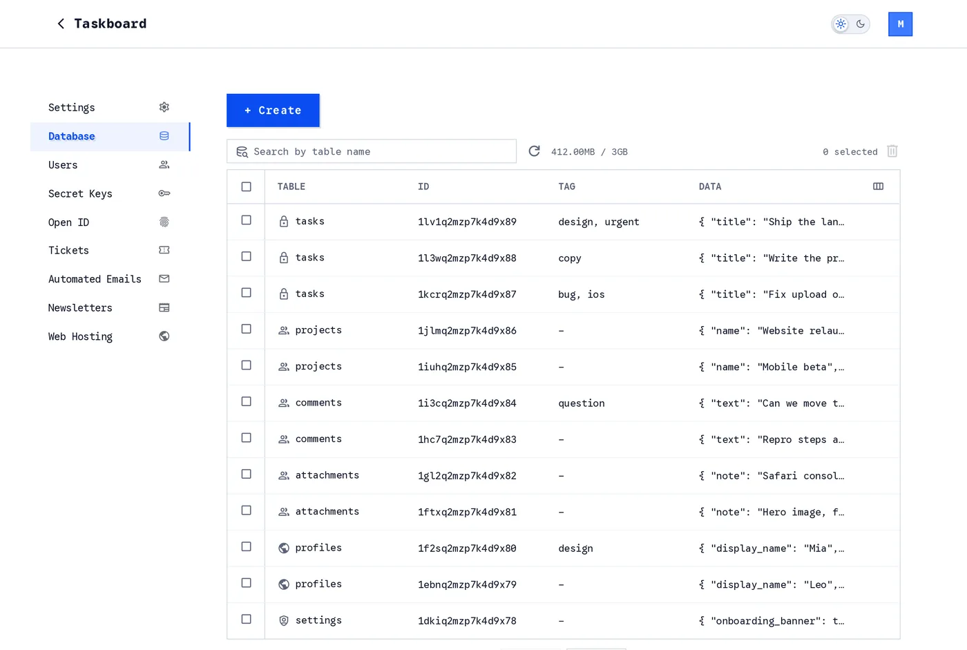 The Database page of a Skapi project: records from the tasks, projects, comments, attachments, profiles and settings tables in one list, each with an access icon, an ID, tags and its data