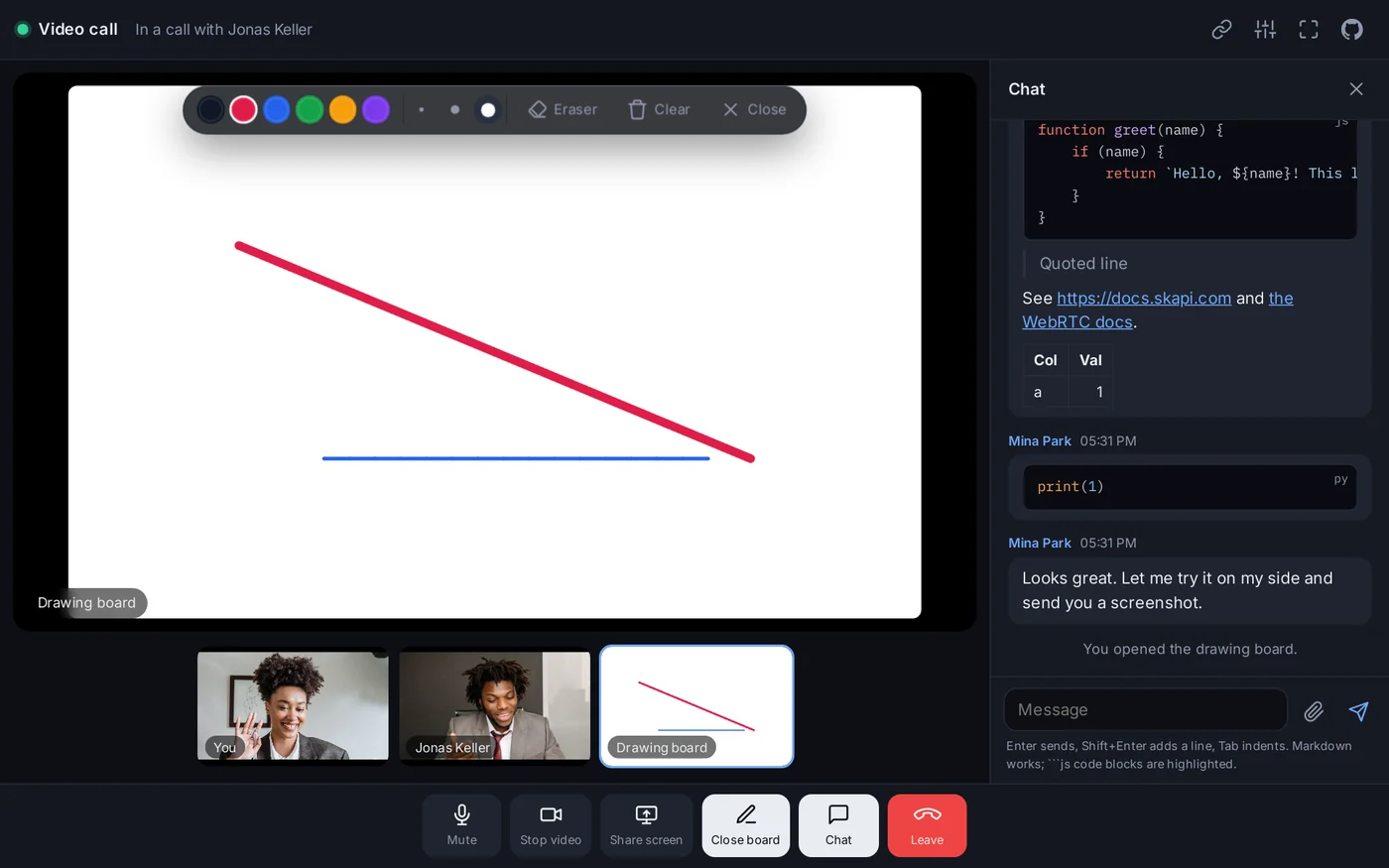 The drawing board on the stage with a red and a blue line on it, the tools floating at the top, and the chat beside it