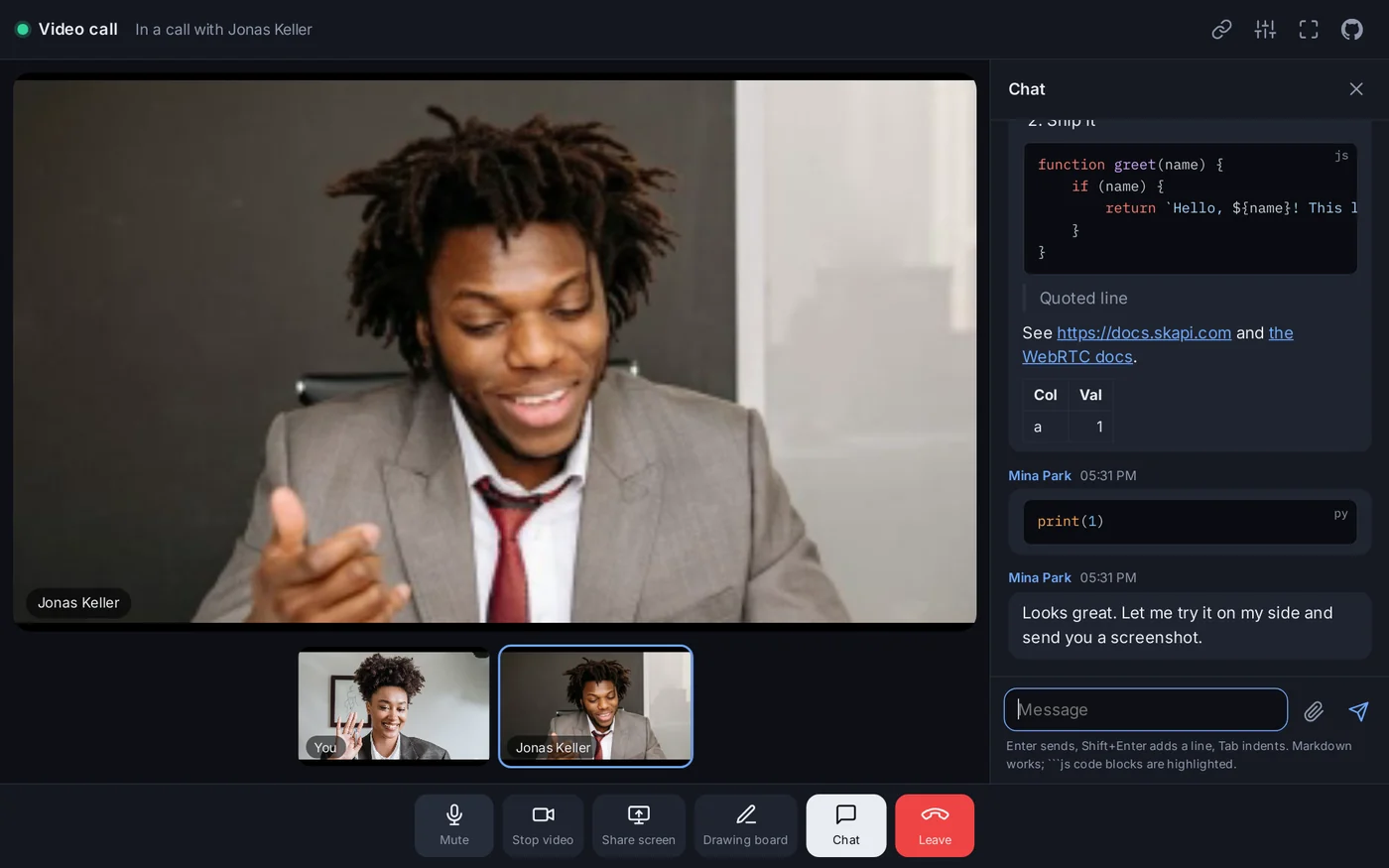 The chat beside a call, with a highlighted JavaScript code block, a quoted line, links, a small table and a Python one-liner