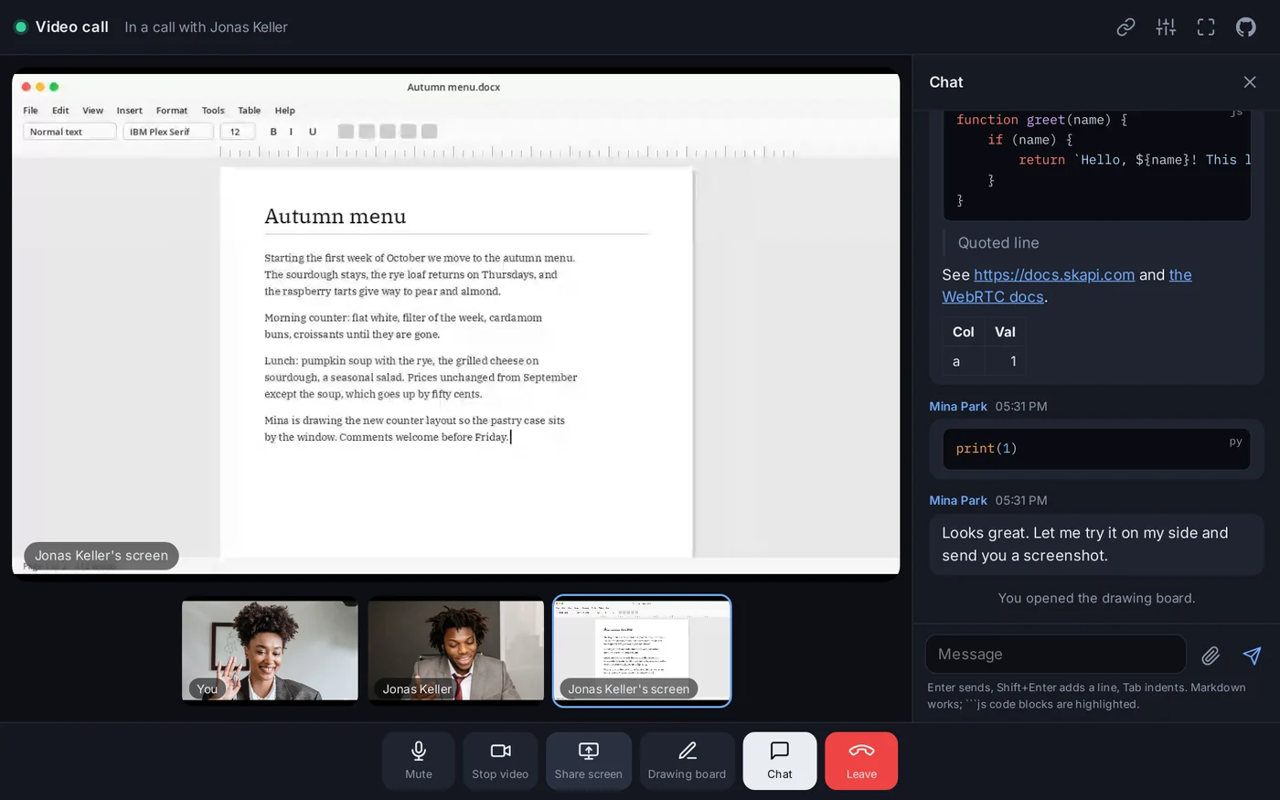The other person's shared screen on the stage, a document in a word processor, with the chat open beside it